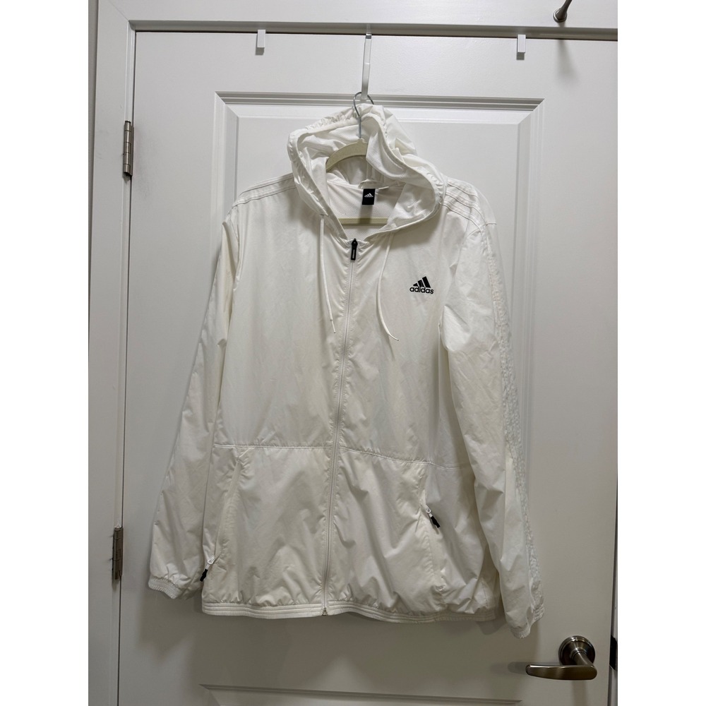 Adidas Mens White Full Zip Hooded Windbreaker Jacket Three Stripe Logo Large